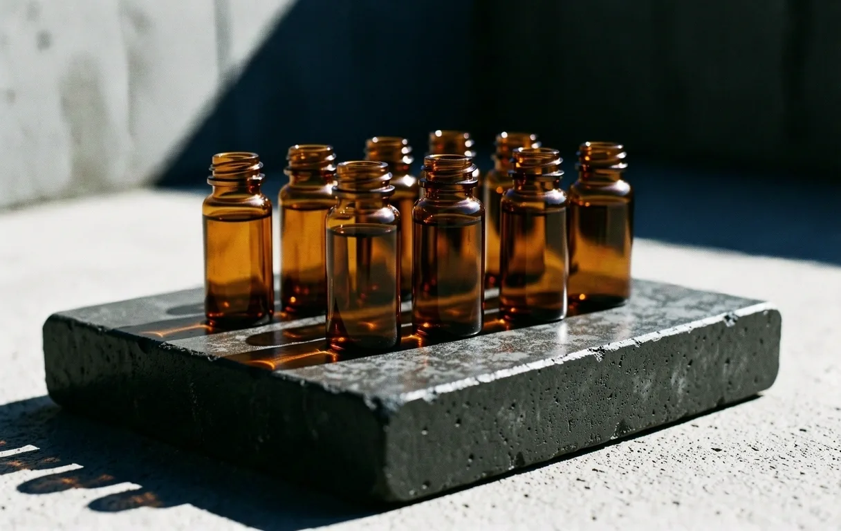 Apothecary vials on concrete representing Forma Mężczyzny standards
